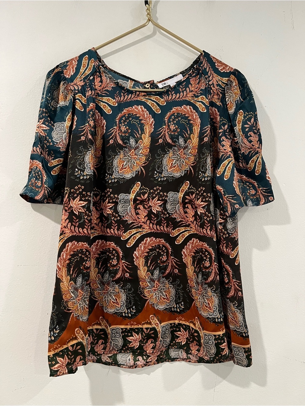 DR2 Paisley Print Short Sleeve Top - Black & Teal L